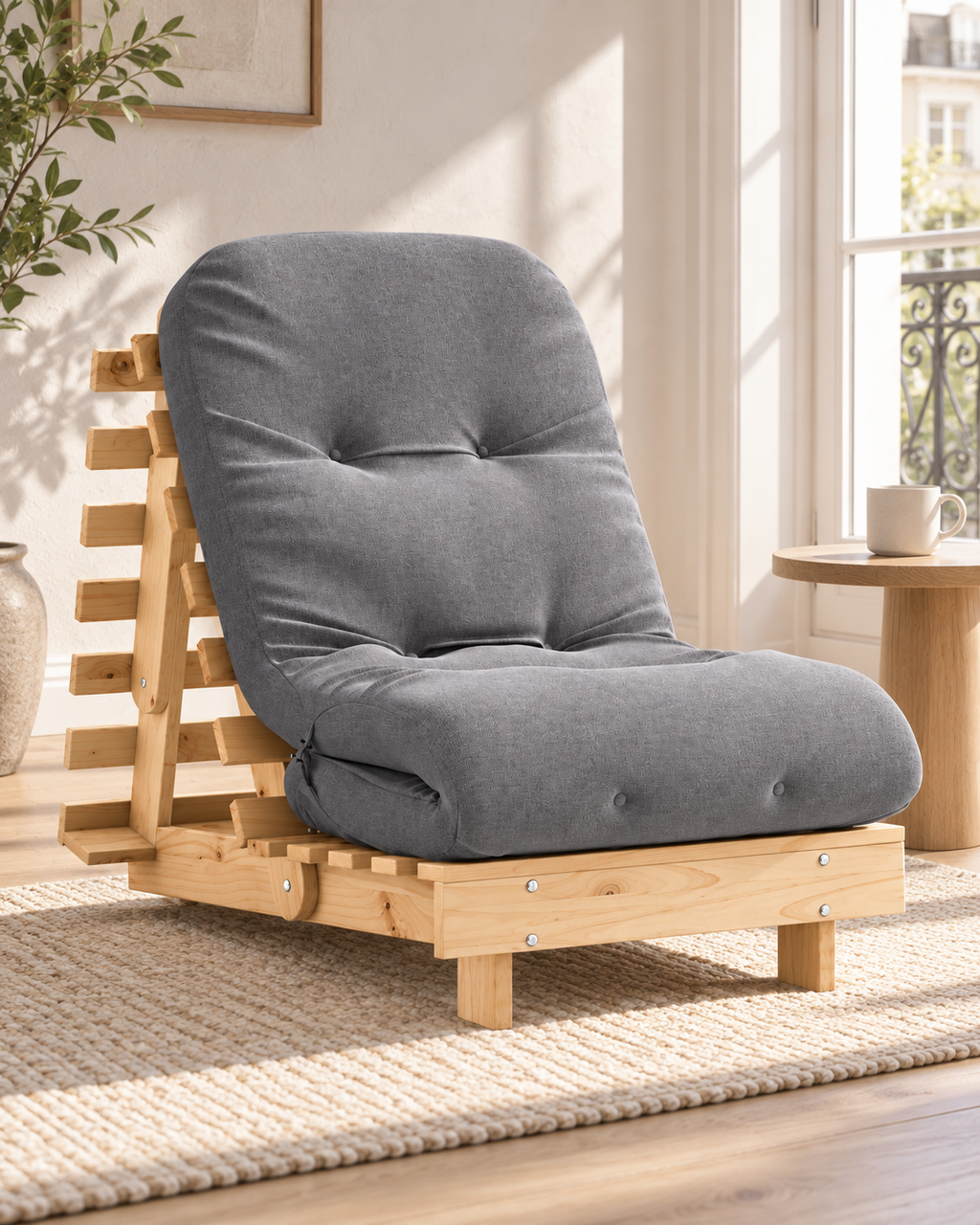 Canapé lit futon bois massif avec matelas, dossier réglable