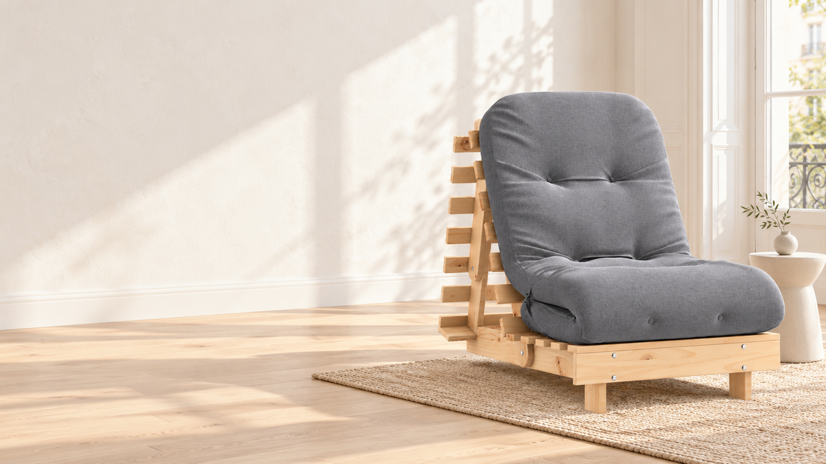 Canapé lit futon bois massif avec matelas, dossier réglable